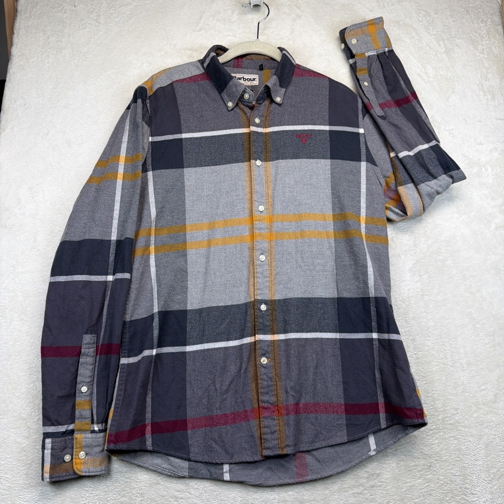Barbour Tartan Plaid Shirt Men's Small Tailored Fit Long Sleeve Gray Check